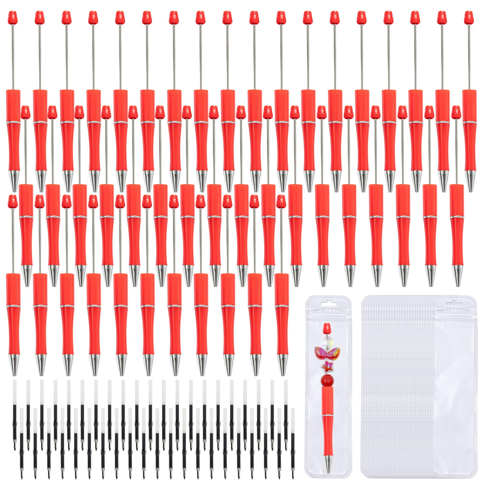 Photo 1 of 108 Pieces DIY Beadable Pen Bulk Kit – 36PCS Ballpoint Pens with Refills & Bags – Beaded Pens for DIY Crafting – Beads Pens, Pen Making Kit, Beadable Items, Teacher Accessories (Christmas Red)