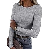 Roselux Womens Long Sleeve Stretch Crewneck Ribbed T-Shirt Fitted Casual Basic Tops