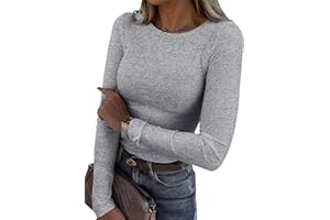 Roselux Womens Long Sleeve Stretch Crewneck Ribbed T-Shirt Fitted Casual Basic Tops
