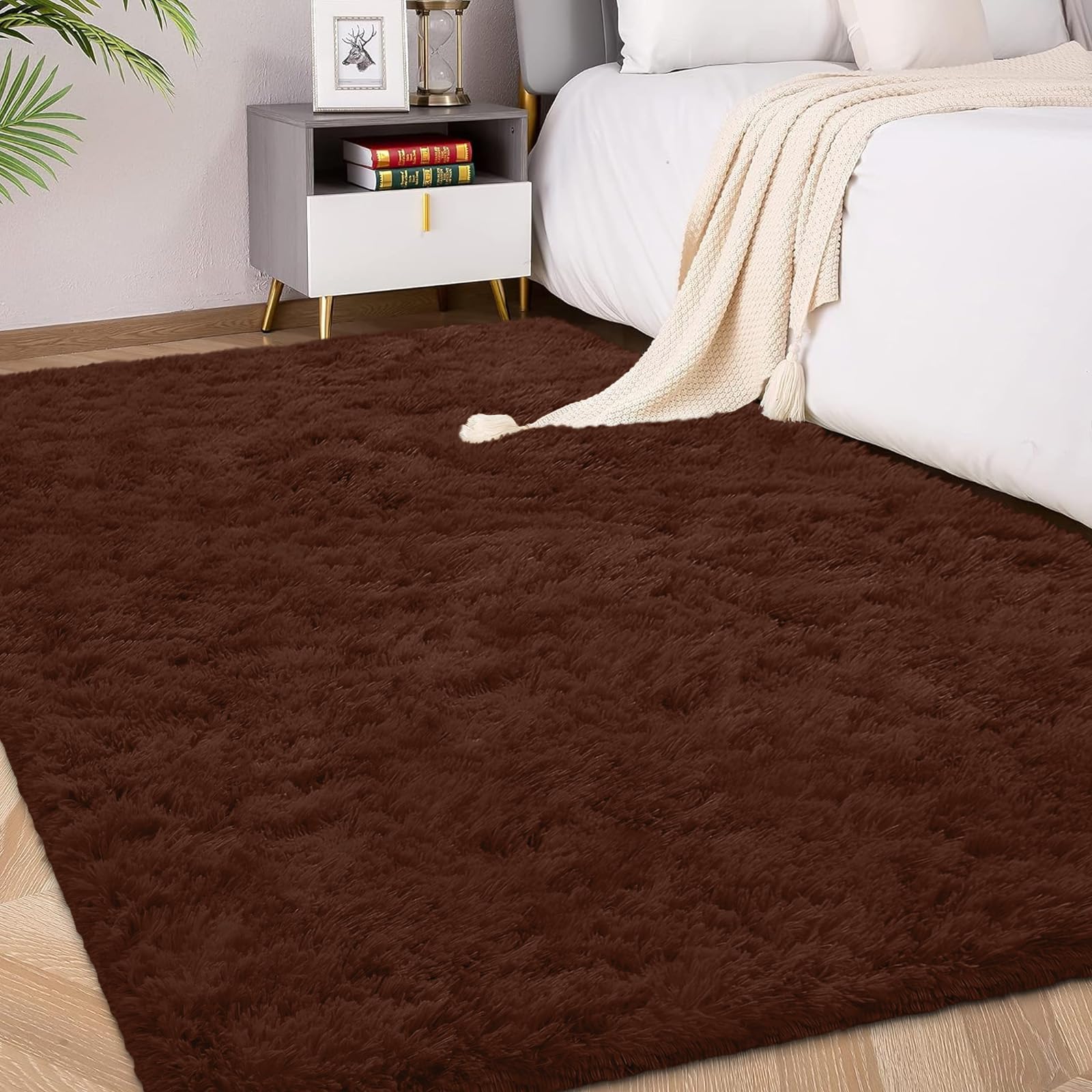 Photo 1 of FVVRAX 4x6 ft Ultra Soft Shag Area Rug - Plush Fluffy Non-Shedding Carpet for Bedroom & Living Room, Modern Home Decor Bedside Rug for Kids Nursery Dorms, Easy Clean, Brown