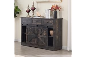 DM Furniture Farmhouse Bar Cabinet with Wine Rack 54" Coffee Cabinet with Sliding Barn Doors, Adjustable Shelves Rustic Buffets & Sideboards with 3 Drawers for Dining Room/Kitchen, Black