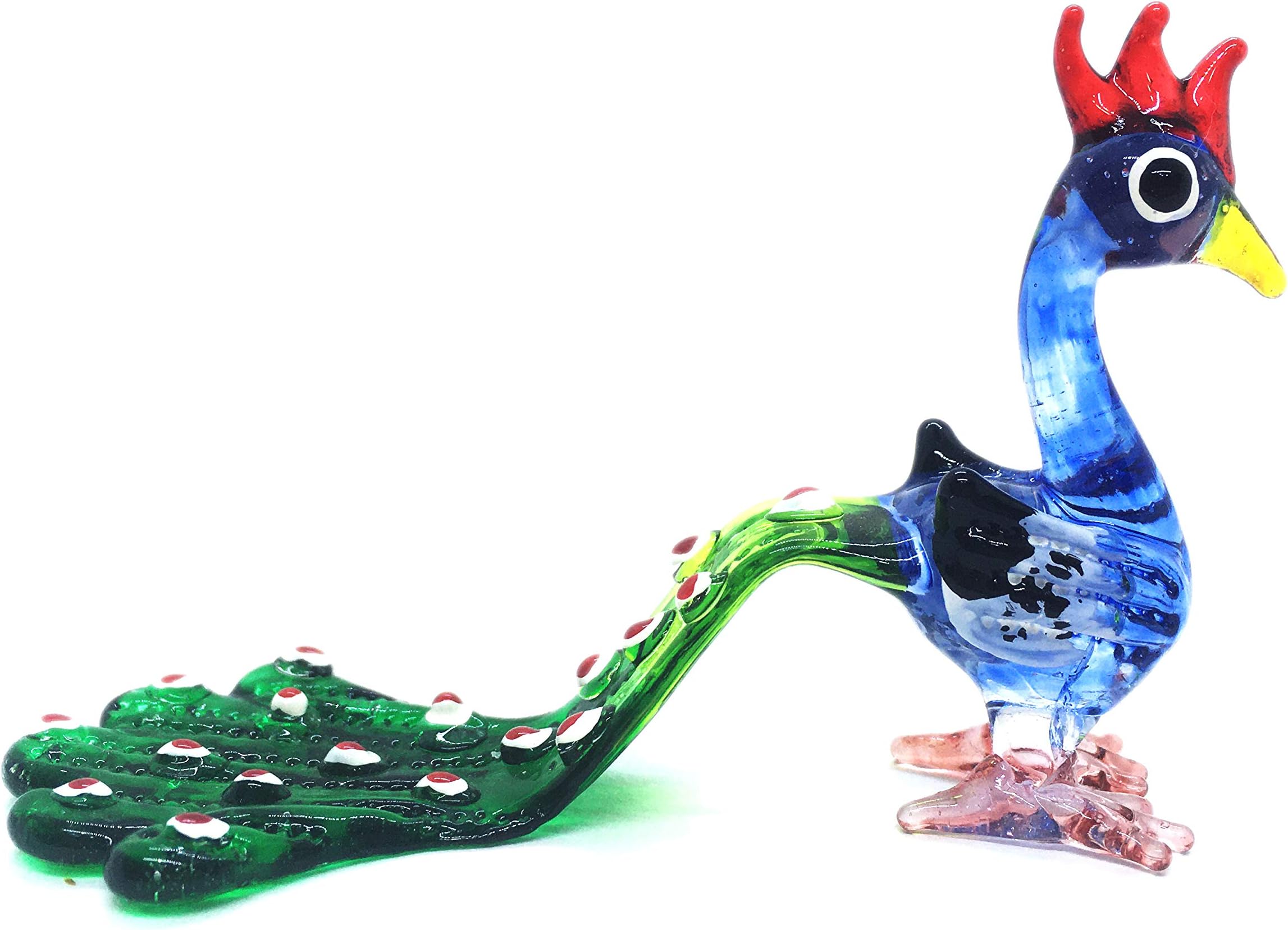 ChangThai Design Tiny 4" Blue Green Tail Down Peacock Figurine - Miniature Hand Blown Painted Glass Peafowl Peahen Colorful Birds Wild Animals Cute Crystal Decorative Collectible Figures Dรฉcor Gifts