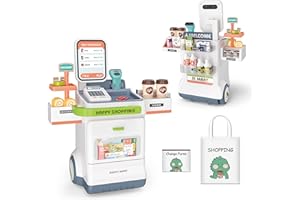 POFJOEQ Interactive Cash Register Playset for Kids - 47PCS Pretend Play Money, Calculator, Scanner, Credit Card, Conveyors, and Play Food for Boys and Girls Ages 3+