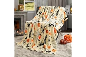 SE SOFTEXLY Pumpkin Halloween Blanket 50” x 70” Reversible Witch's Hat Spider Webs Print Fleece Throw Blanket, 320 GSM Surper Soft Warm Cozy Blanket for Couch Sofa, Halloween Harvest Gifts and Orange Home Decor