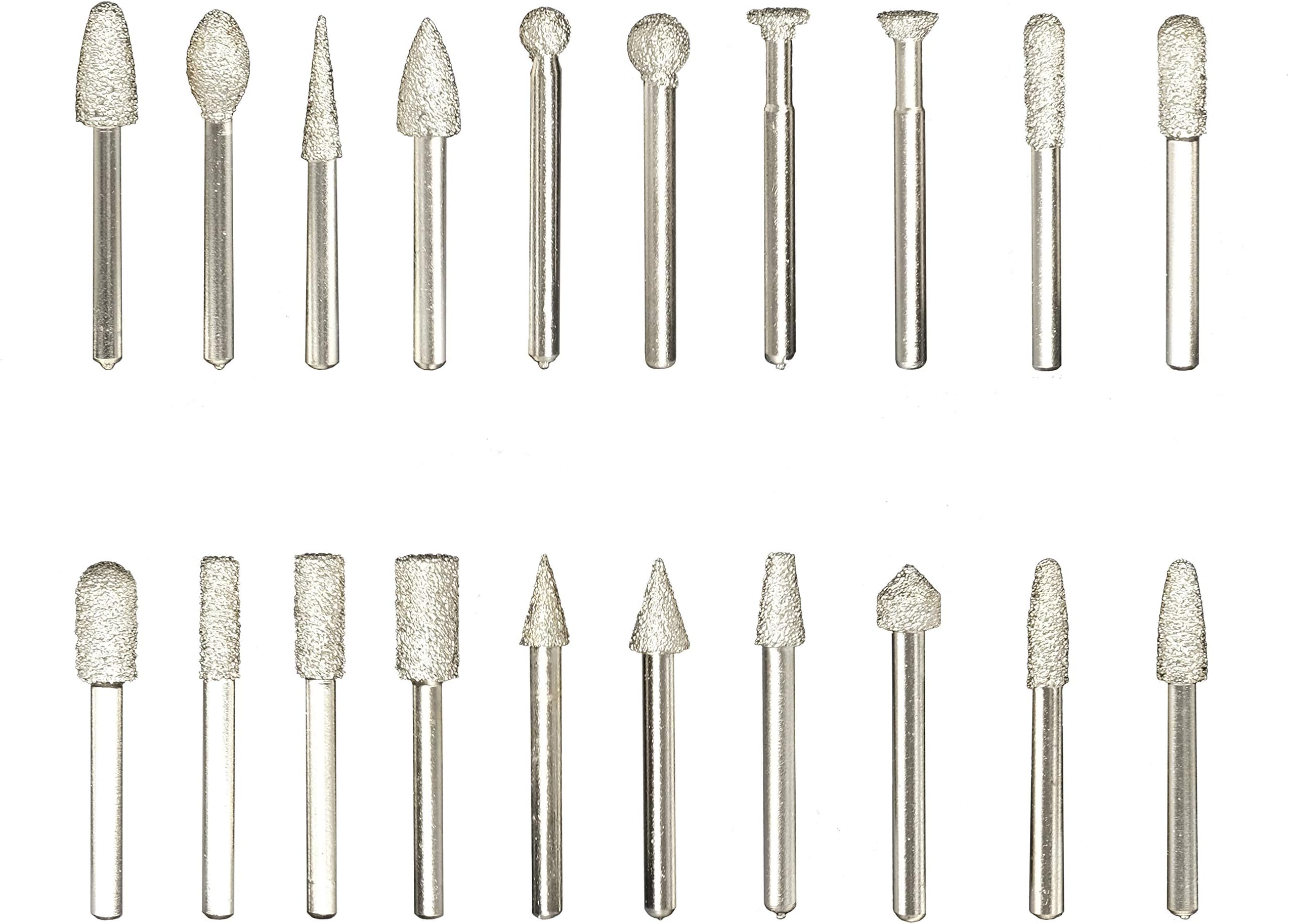 TAROSE 20Pcs Set of Assorted 1/4-inch Shank Diamond Coated Burr Bits Engrave Polishing for Marble Gemstone Jade for Rotary Tools, 46 Grit