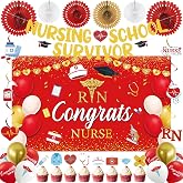 Crenics Nurse Graduation Decorations, Nursing Graduation Party Supplies | Nursing School Graduation Decorations with Congrats RN Backdrop, Banner, Swirls, Paper Fans, Cupcake Toppers &amp; Balloons