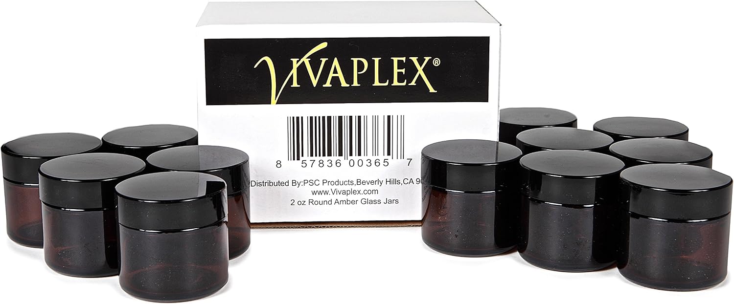 Vivaplex, 12, Amber, 2 oz, Round Glass Jars, with Inner Liners and black Lids - Image 4