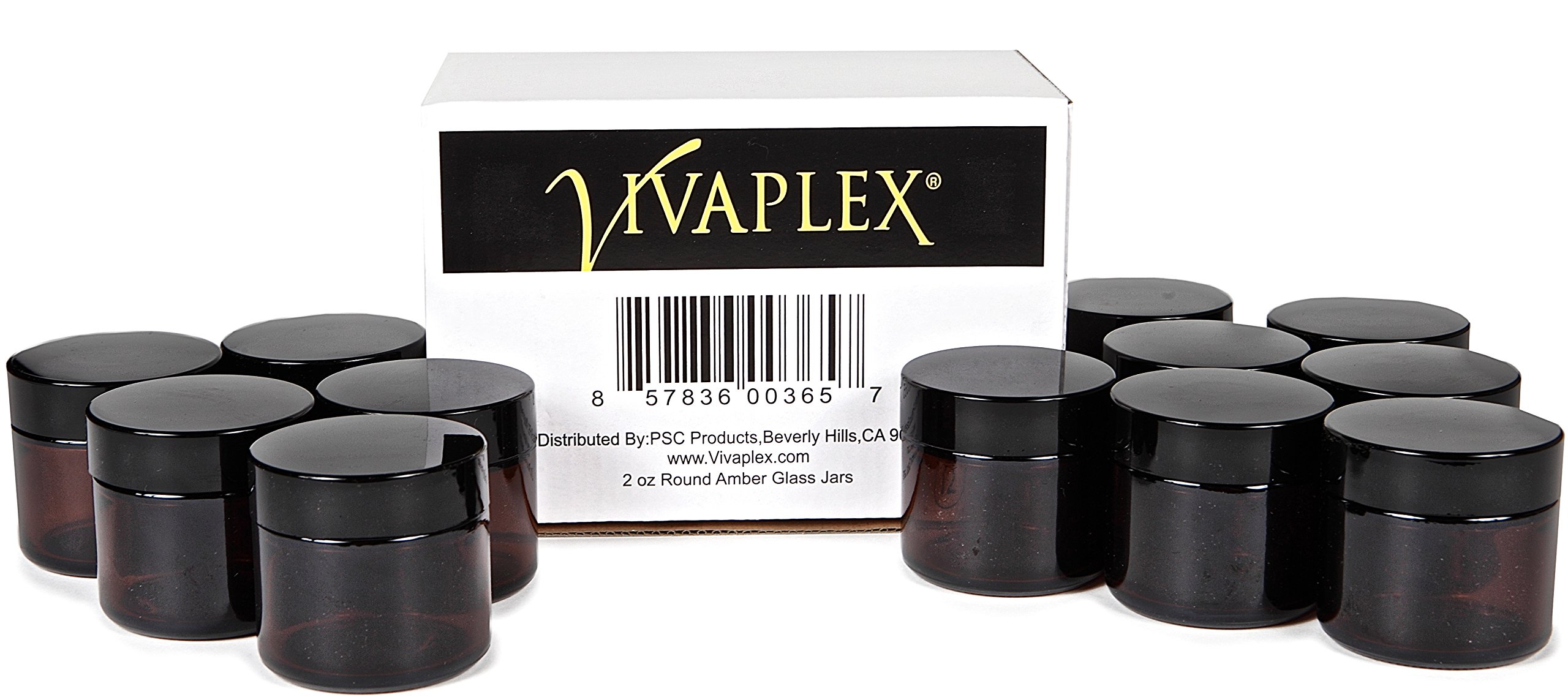 Vivaplex Vivaplex, 12, Amber, 2 oz, Round Glass Jars, with Inner Liners and black Lids