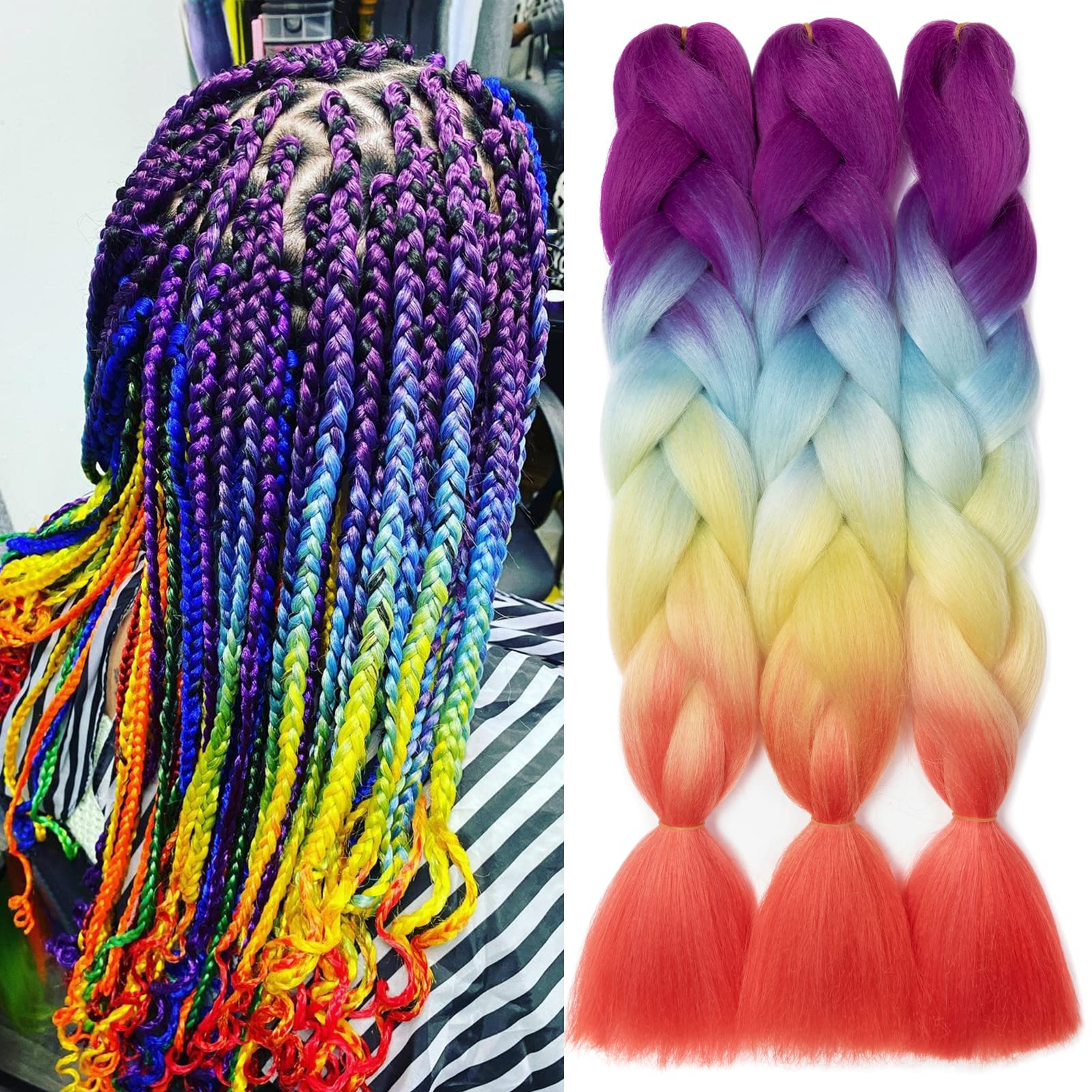 Gairyan Braiding Hair Extensions Ombre Jumbo Braids Synthetic Hair 3 Packs 24 inches 300g Coloured Hair for Braiding Extensions Box Braids Crochet Twist (Purple-Blue-Yellow-Orange) โ image 1