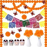 Rivvlive 80 Pcs Day of the Dead Mini Ofrenda Altar Decorations Set | Dia De Los Muertos Decor, Mini Papel Picado Banner Garland, Marigolds 3D Butterflies, Mexican Sugar Skull Fiesta Decor