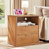 LEYAOYAO Fluted Nightstand with Charging Station, 23" Wide 2 Drawers End Table, Brown Night Stand with Open Storage Cabinet, 