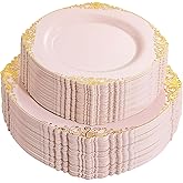 Joyido 102PCS Pink Plastic Plates - Pink and Gold Plate - Heavyweight Disposable Plate with Gold Rim - Fancy Dinner & Dessert Plates for 51 Guests Weddings & Parties