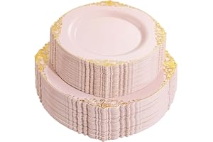 Joyido 102PCS Pink Plastic Plates - Pink and Gold Plates - Pink Disposable Plates with Gold Rim Include 51PCS 7.5inch Dessert Plates, 51PCS 10.25inch Dinner Plates for Weddings & Parties