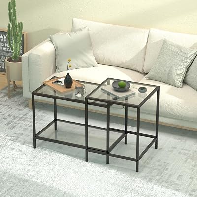 Couchtisch aus Glas,couchtisch,Wohnzimmertisch,Living Room Table Quadratisch Couchtisch 2er Set, Coffee Table,Beistelltisch, Sofatisch für Schlafzimmer, Wohnzimmer, Büro (Schwarz)