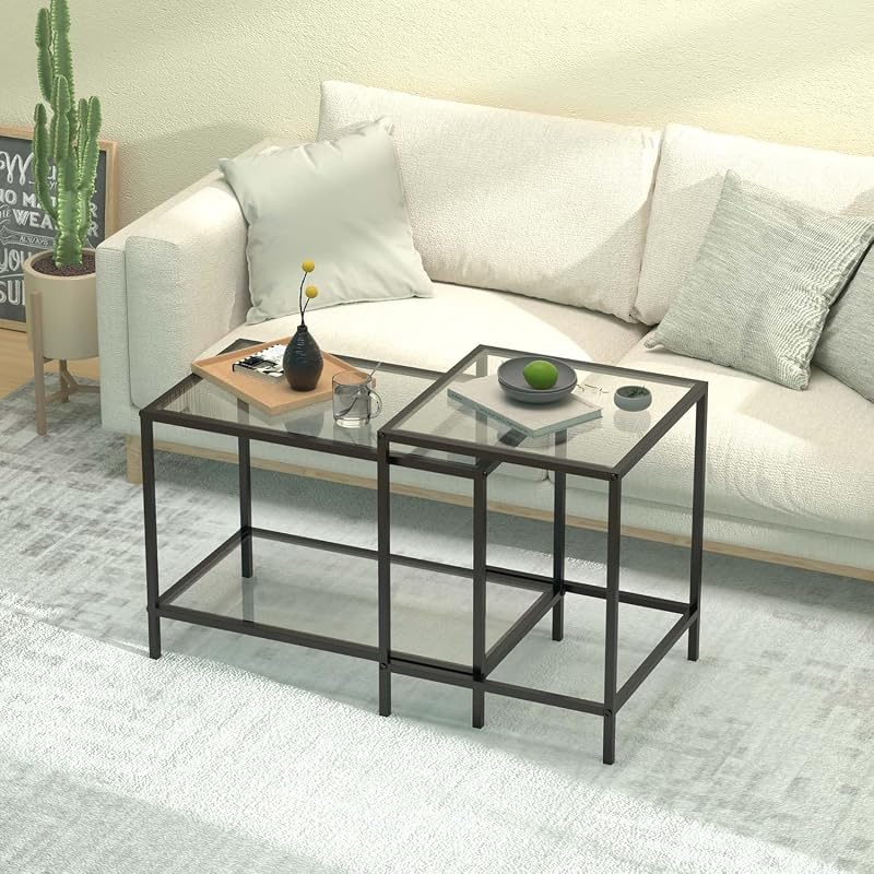 Couchtisch aus Glas,couchtisch,Wohnzimmertisch,Living Room Table Quadratisch Couchtisch 2er Set, Coffee Table,Beistelltisch, Sofatisch für Schlafzimmer, Wohnzimmer, Büro (Schwarz) — Foto 1 von 8