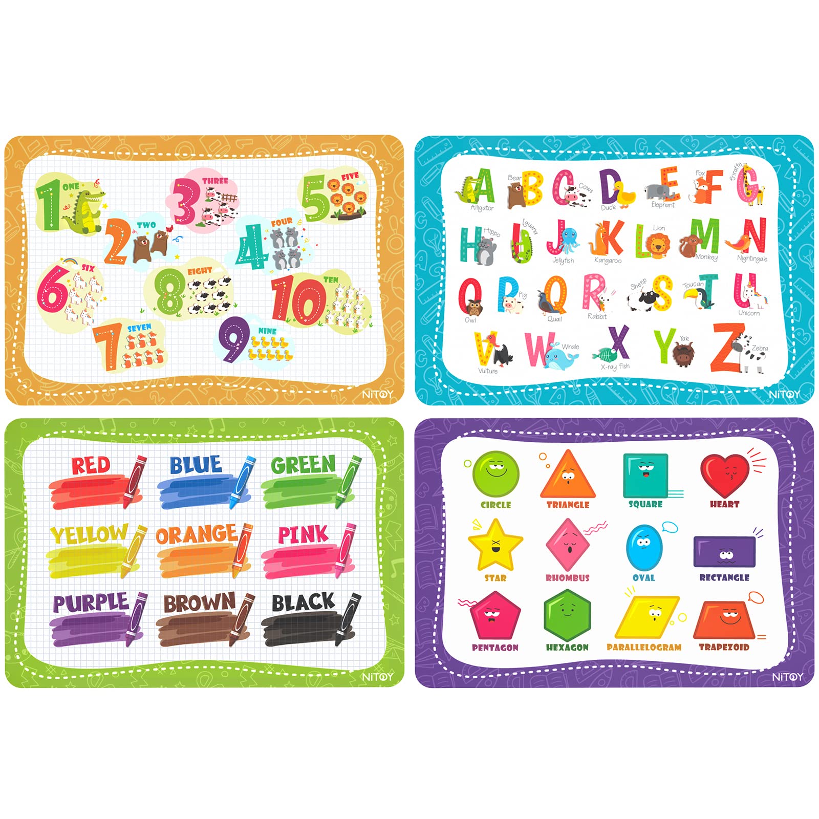 NiBaby Educational Placemats for Kids - Reusable Wipeable ABC Color Number Shape Learning Set of 4
