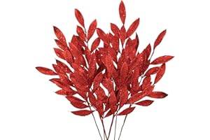 DILATATA 6Pcs Christmas Glitter Leaves Bay Leaves Spray 24" Artificial Red Bay Leaf Picks Sprays Giltter Stems for Christmas Tree DIY Xmas Wreath Garland Home Decor - Red