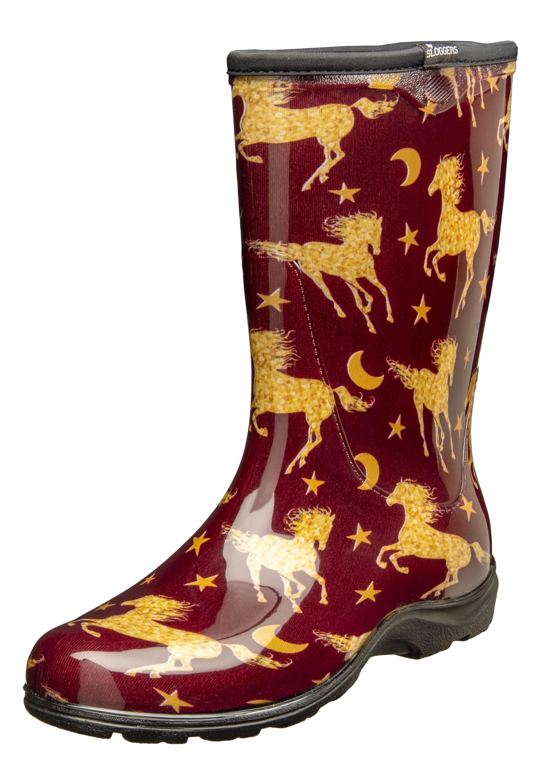 Sloggers Waterproof Garden Rain Boots for Women - Cute Mid-Calf Mud & Muck Boots with Premium Comfort Support Insole, (Horse Stars Barn Red), (Size 11) Image