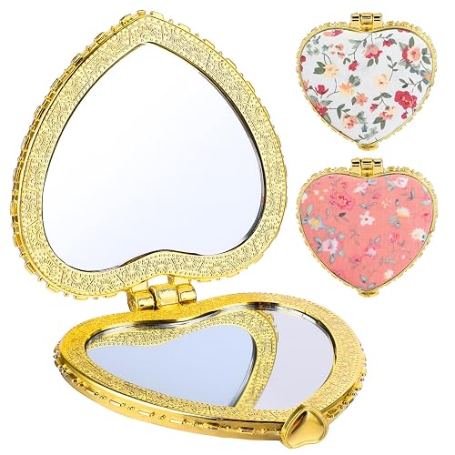Gjinxi Compact Mirror for Purse, 2PCS Heart Shaped Double-Sided Pocket Mirrors, Folding Portable Travel Makeup Mirror, Cute Glitter Cosmetic Mirrors for Women Home Office