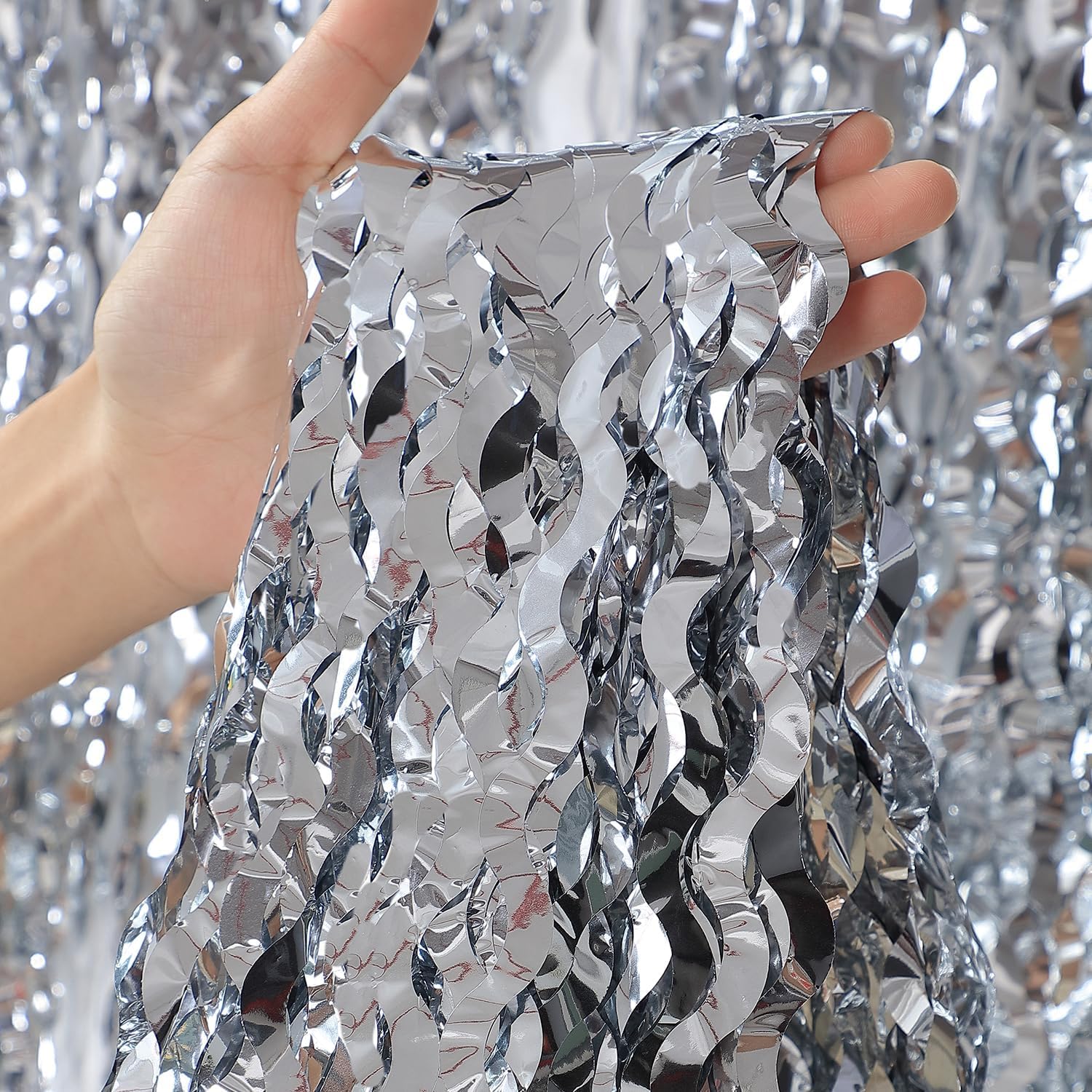 Photo 1 of 3 Pack Wave Silver Tinsel Curtain - 3.3x6.6 Feet Foil Streamers Birthday Party Decorations Wedding Background Decor Photo Booth Props