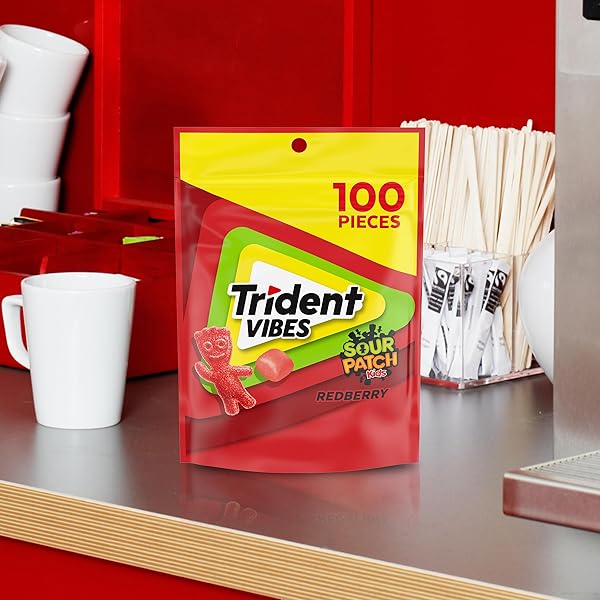 TRIDENT VIBES SOUR PATCH KIDS REDBERRY SUGAR-FREE CHEWING GUM, RESEALABLE POUCH, PACK OF 1 (100 PIECES)