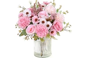 Dremisland Artificial Flowers Like Real Artificial Bouquet 2 Packs Silk Artificial Roses Bouquet with Daisy Chrysanthemum Pin