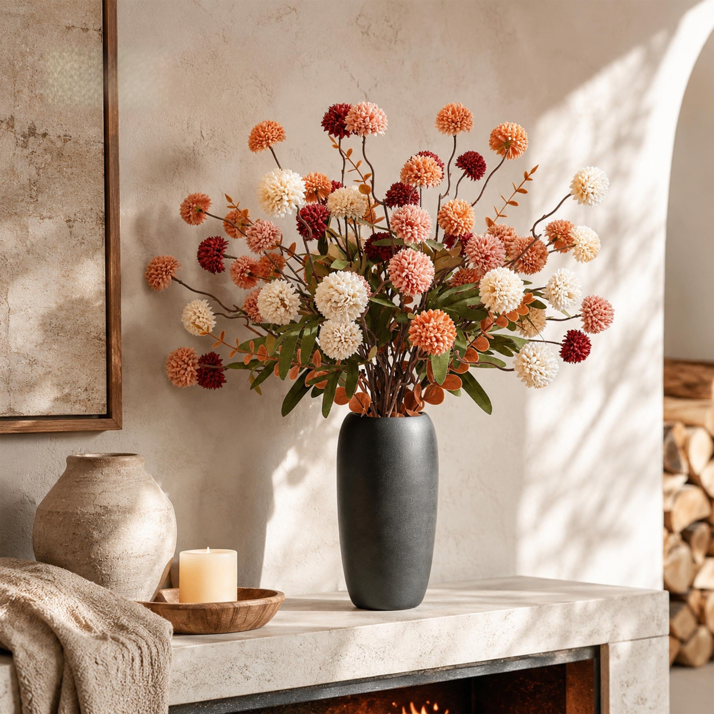 Der Rose Fall Artificial Flowers with Vase, Mixed Color Mums for Home Decor