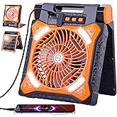 WESTTREE Solar Fan Battery Powered Rechargeable Solar Camping Fan with Led Lantern Power Bank Foldable Angle USB Personal Fans for Travel Outdoor CampingTents camping essentials X98 Orange