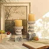 NIKKY HOME Farmhouse Pillar Candle Holder Set of 2 - Rustic Wood Decorative Candlesticks Pedestal, Centerpieces Decor for Fir