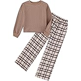 Luckrizyy Girls 2 Piece Outfit Kids Long Sleeve Cable Knit Top & Stylish Plaid Pants Set Fall Winter Clothing 6-14 Years