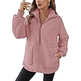 Rapbin Women Half Zip Pullover Long Sleeve Casual Fuzzy Sherpa Fleece Jacket Sweatshirts Winter Outerwear Top with Pockets