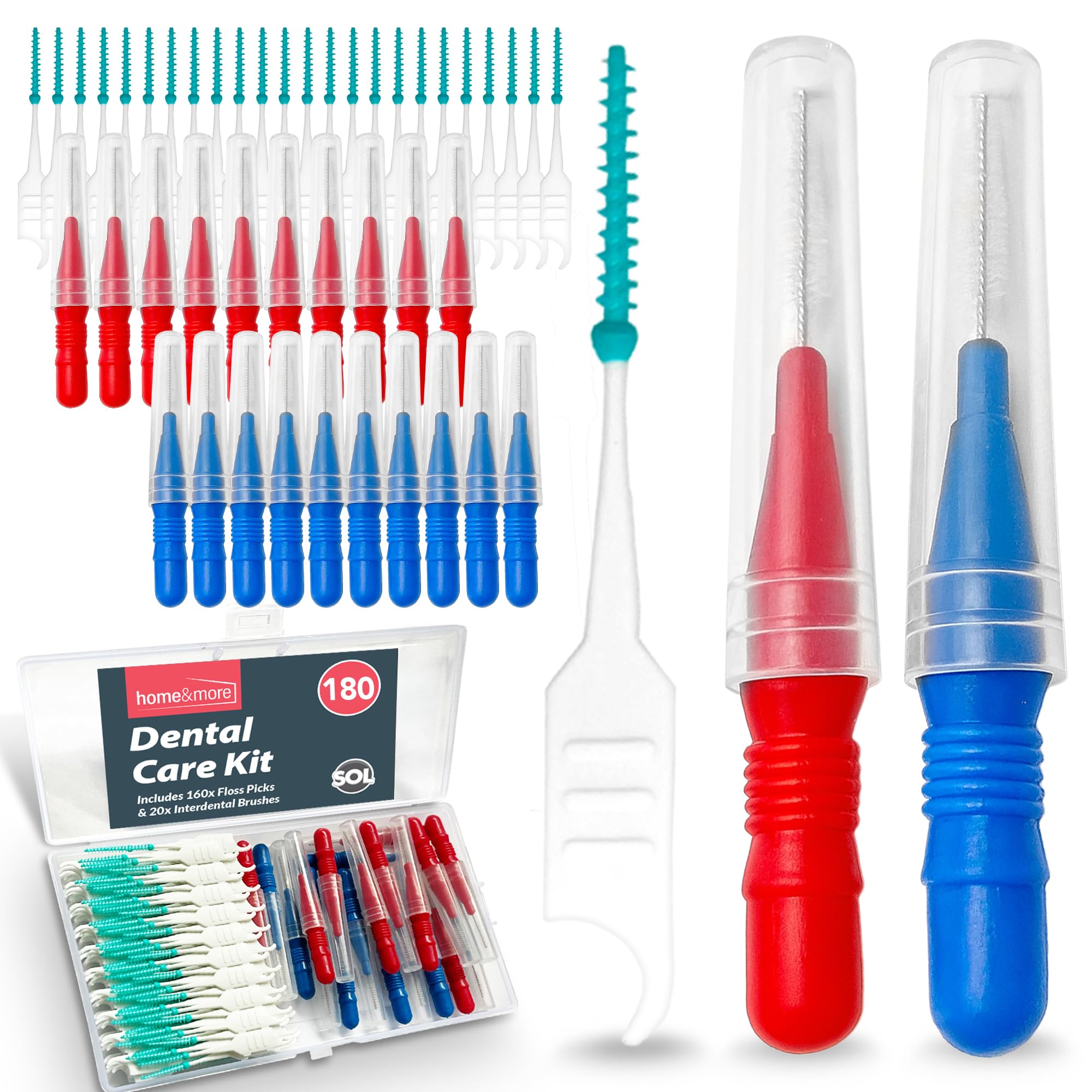 SOL 160pcs Green Interdental Brushes & 20pcs Red and Blue Floss Picks - Small Toothbrush for Inbetween Teeth, Tooth Flossing Sticks & Inter Dental Toothpicks, Designed for Human Oral Cleaning Hygiene