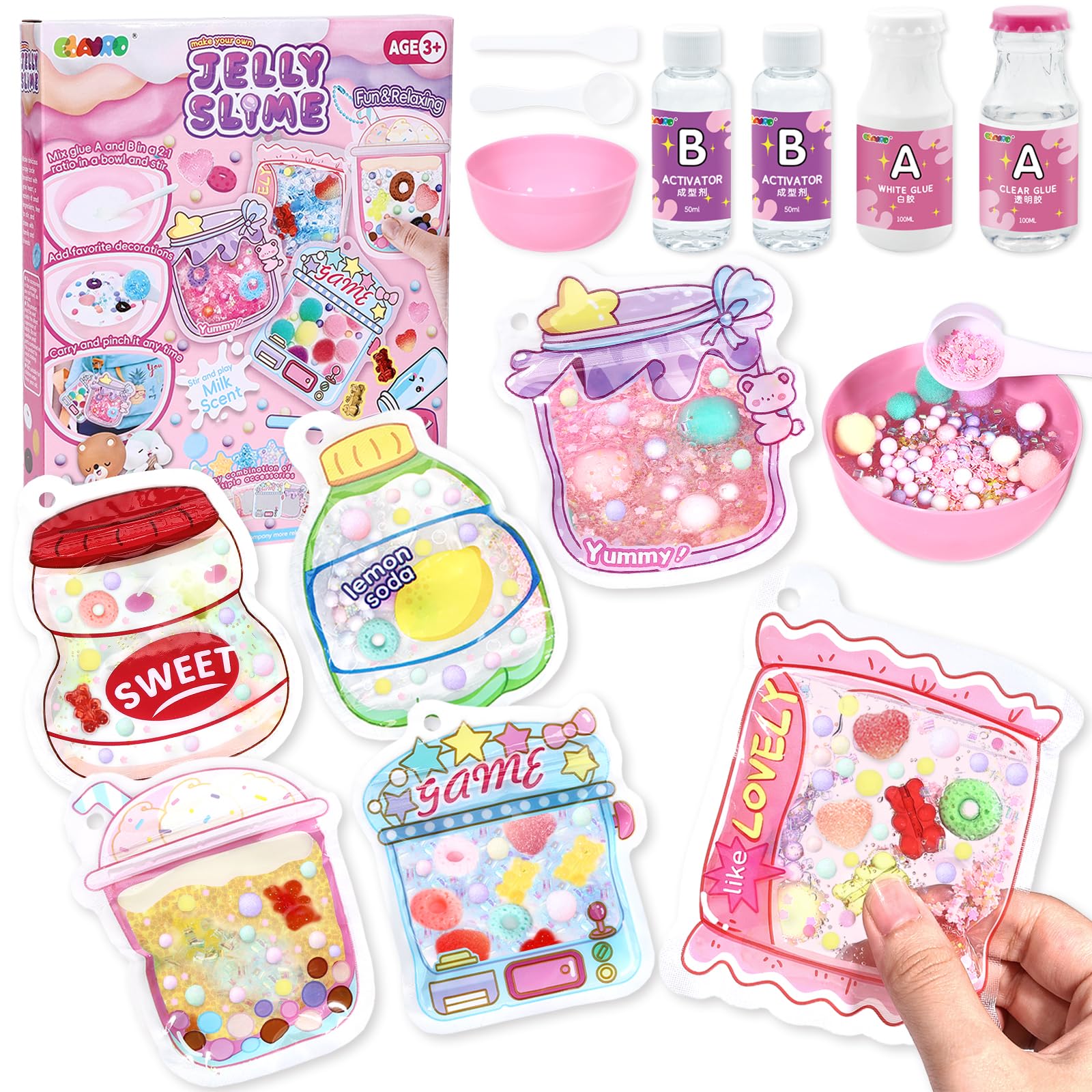 Jelly Slime Making Kit for Girls, DIY Squishy Slime Set for Kids with 200g Clear & White Glue, 100ml Slime Activator, Milk Scent, Cute Charms, 6 Chains, Mixing Tools & Carry Bags | Ages 3+