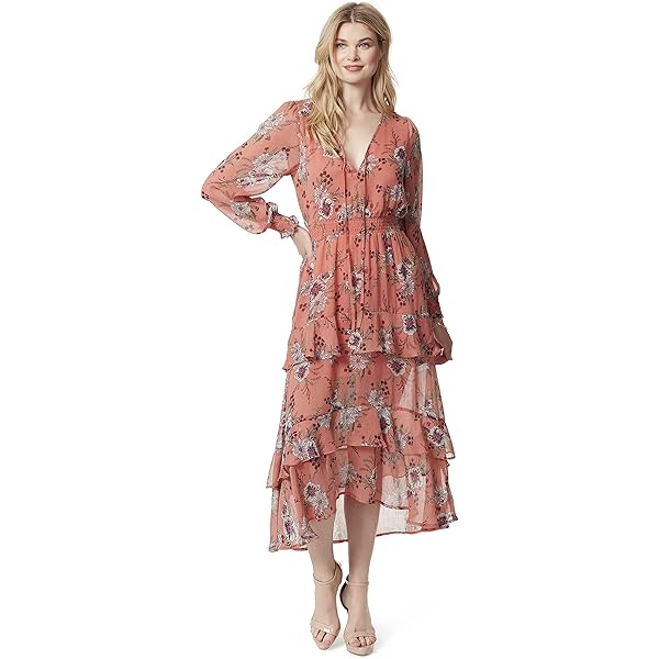Jessica Simpson Womens Kelley V-Neck 3 Tier Maxi Dress, Shadow Snake