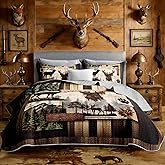 UEVBF King Size Rustic Cabin Quilt Set,Camo Deer Bear Retro Bedding Sets for Hunting Room Decor,Brown Hunting Themed Plaid Patchwork Bedding Quilts with 2 Pillowcases.