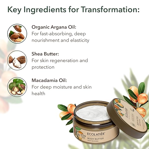 ECOLATIÈR BODY BUTTER WITH ORGANIC ARGAN OIL – DEEP REVIVING, ULTRA-HYDRATING WHIPPED MOISTURIZER FOR WOMEN & MEN, NON-GREASY, GENTLE ON DRY SKIN, 97% NATURAL INGREDIENTS, 6.7 FL OZ