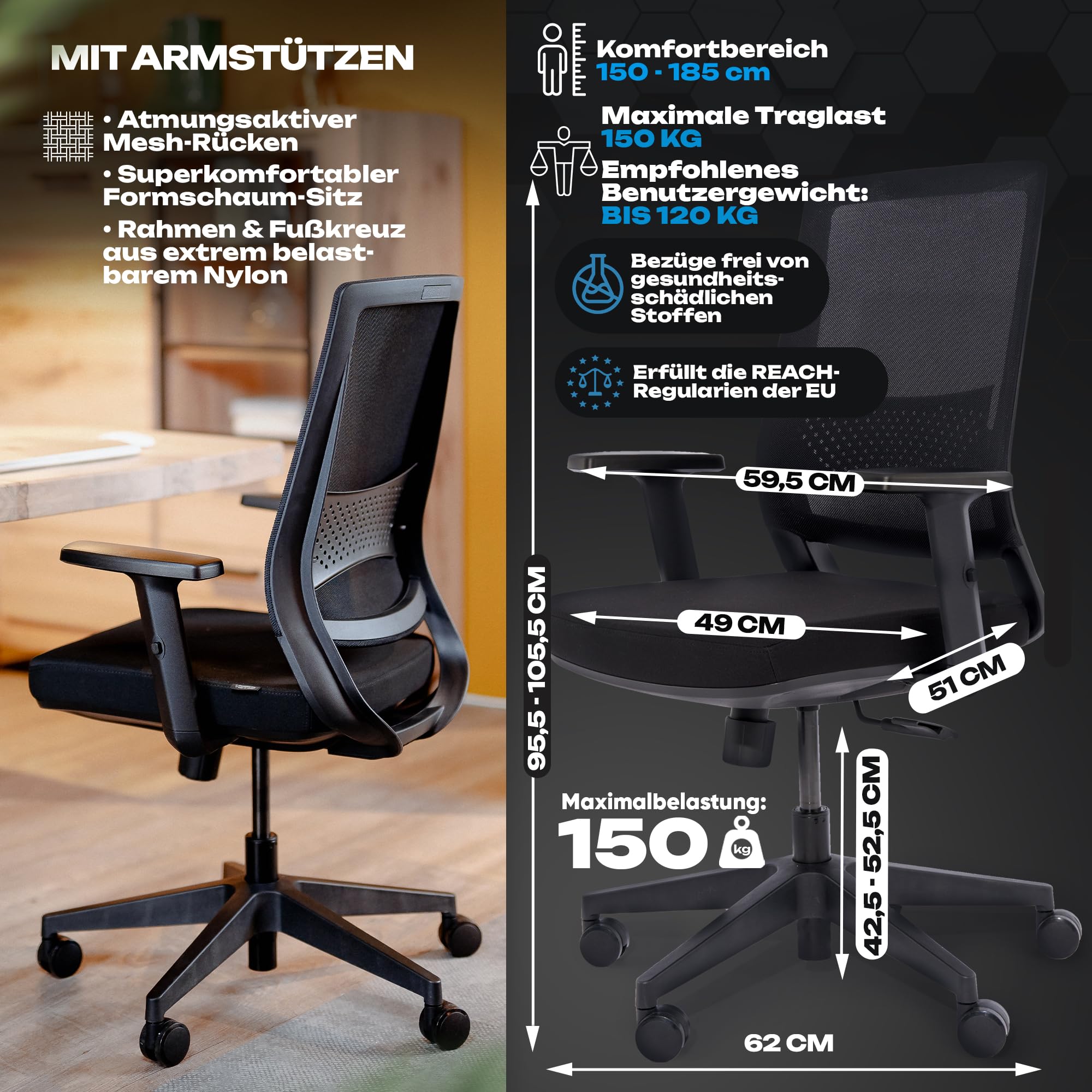 VALKENSTOL M2 Bürostuhl Ergonomisch Testsieger, Einstellbarer für maximale Bewegungsfreiheit, Rückenfreundliche Bürostühle, Lendenwirbelstütze Schreibtischstuhl für Büro und Home Office Chair 5