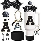 8PCS Cup Accessories Set for Stanley Cup 30oz 40oz tumbler with handle,Including Silicone Straw Topper Cover Cap and Boot,Spill Proof Stopper,Handle Charm,Initials Sticker (Black rose A)