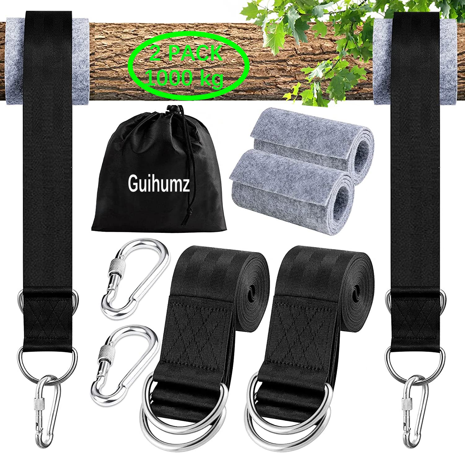 Guihumz Swing attachment, hammock attachment set, hanging chair attachment with 2 heavy duty carabiners and D-rings, holds up to 550 kg with storage bag (1.5 m)