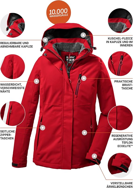 KOW 140 WMN Jckt Casaco de inverno com capuz destacável, vermelho, 44 para mulheres