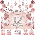 Roetyce 12th Birthday Decorations for Girls, 20PCS Rose Gold 12th Birthday Banner Pom Poms Hanging Swirls Centerpiece Cake Topper Kit, Pink Happy 12th Birthday Party Decor for Her, 12th BDay Backdrop