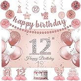 Roetyce 12th Birthday Decorations for Girls, 20PCS Rose Gold 12th Birthday Banner Pom Poms Hanging Swirls Centerpiece Cake Topper Kit, Pink Happy 12th Birthday Party Decor for Her, 12th BDay Backdrop