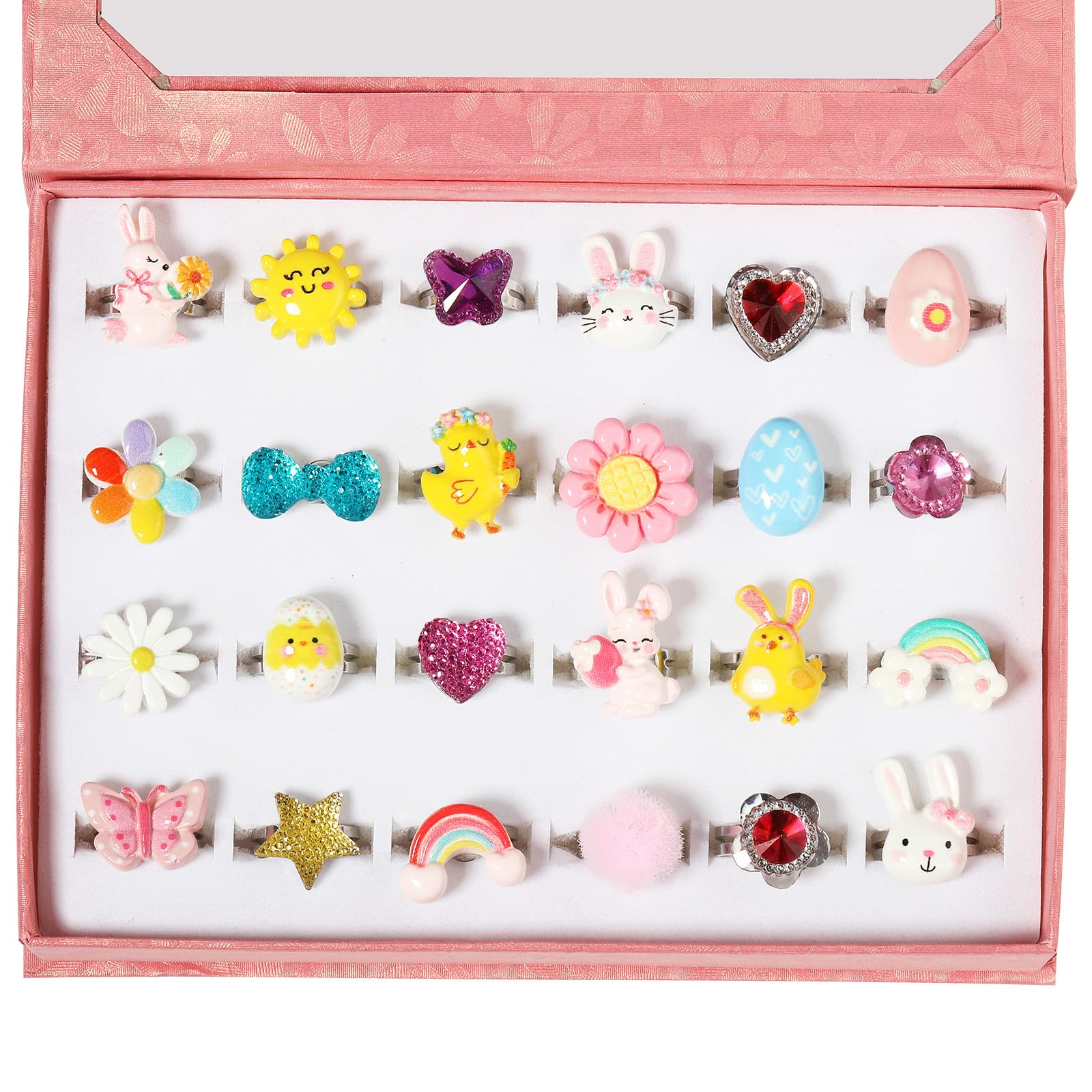 PinkSheep Easter Rings for Little Girl, 24pcs Adjustable Dress Up Ring with Cute Easter Eggs, Chicken, Rabbit, Unique Designs Girls Pretend Play Jewellery in Box