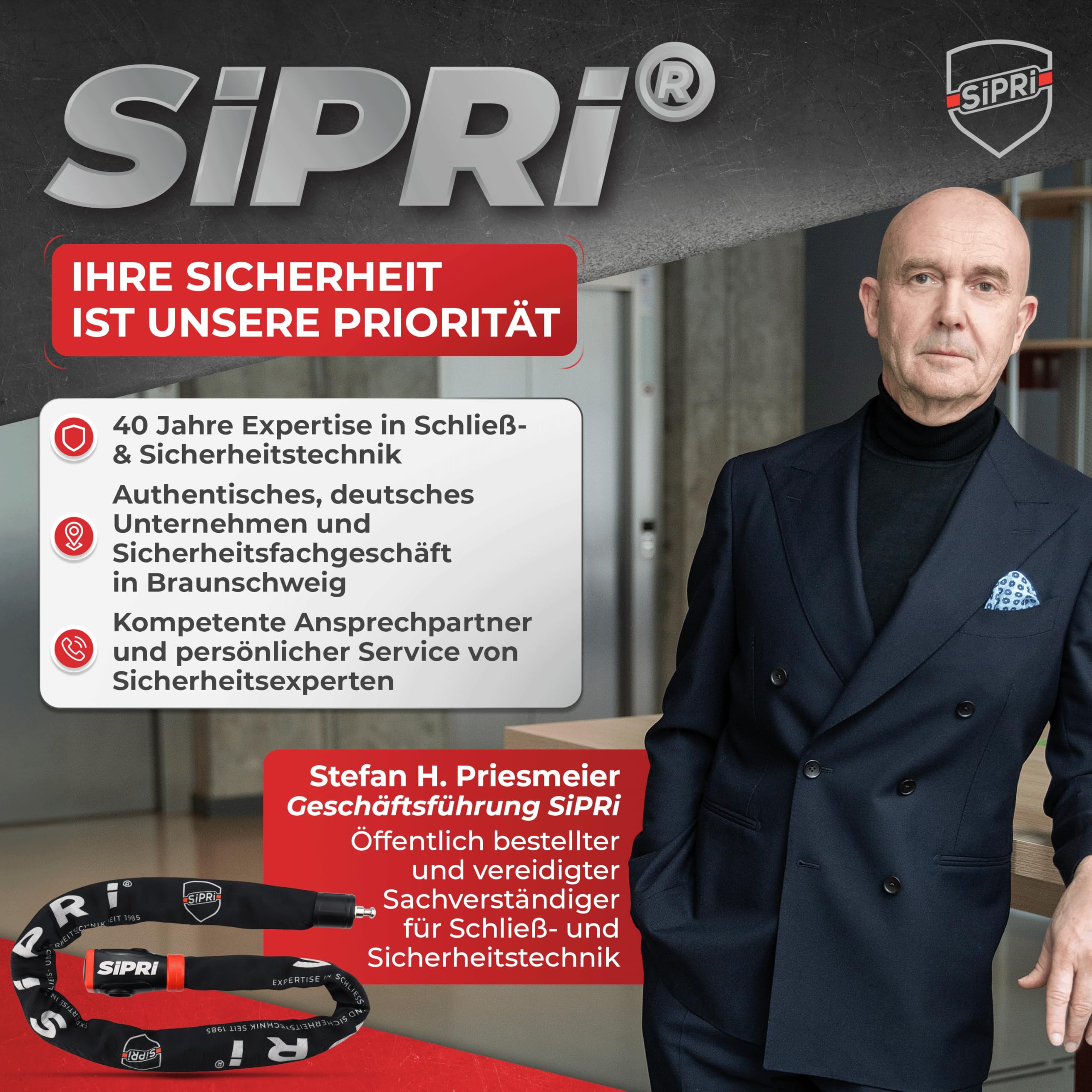 SIPRI® Fahrradschloss mit Alarm 120 dB | Kettenschloss Fahrradschloss hohe Sicherheit für E-Bike, E-Scooter & Motorrad | 8 mm Stahl, wetterfest, robust & langlebiges Schloss mit Schlüssel 6
