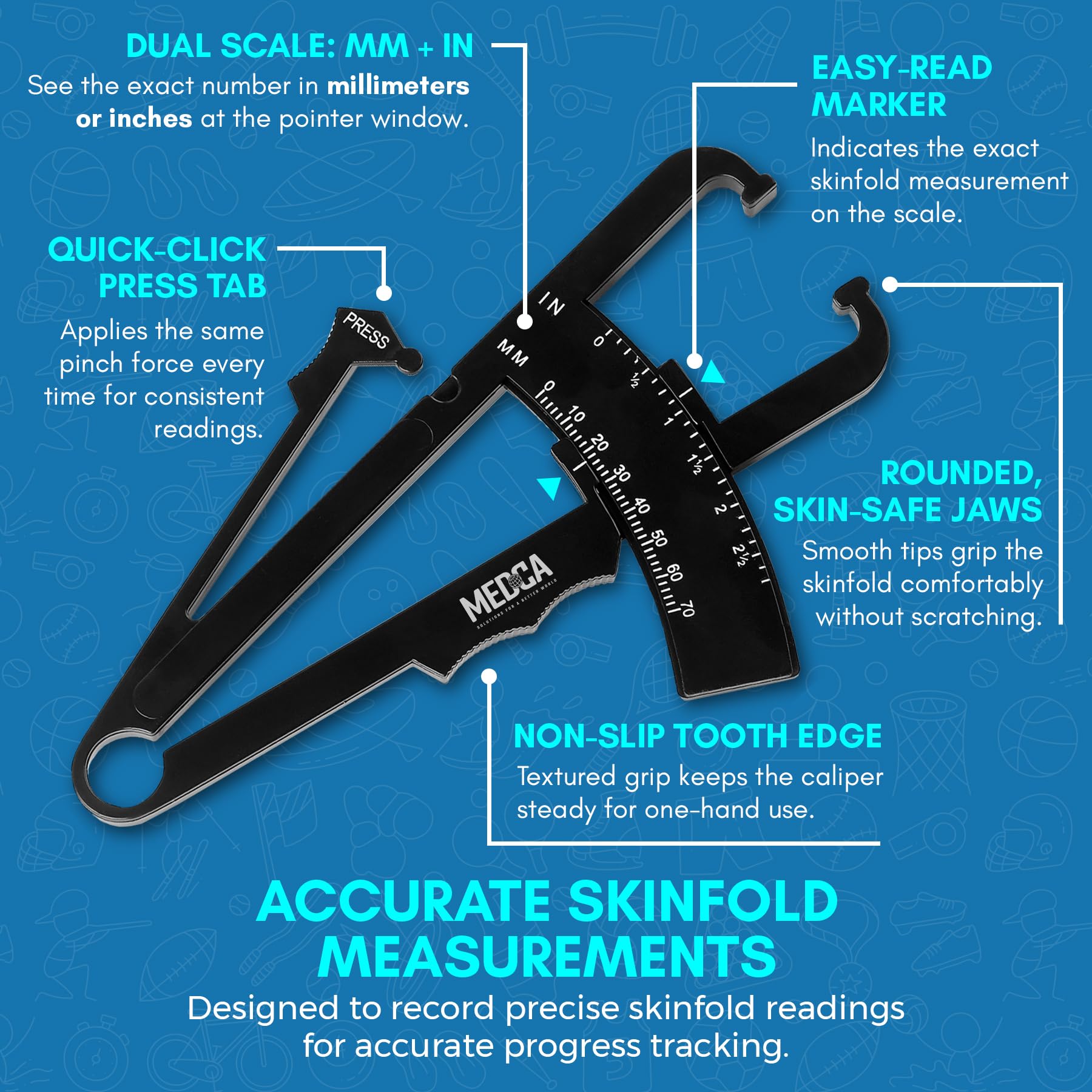 MEDca Body Fat Caliper and Measuring Tape for Body - Skinfold Calipers and Body Fat Tape Measure Tool for Accurately Measuring BMI Skin Fold Fitness and Weight-Loss, (Black)