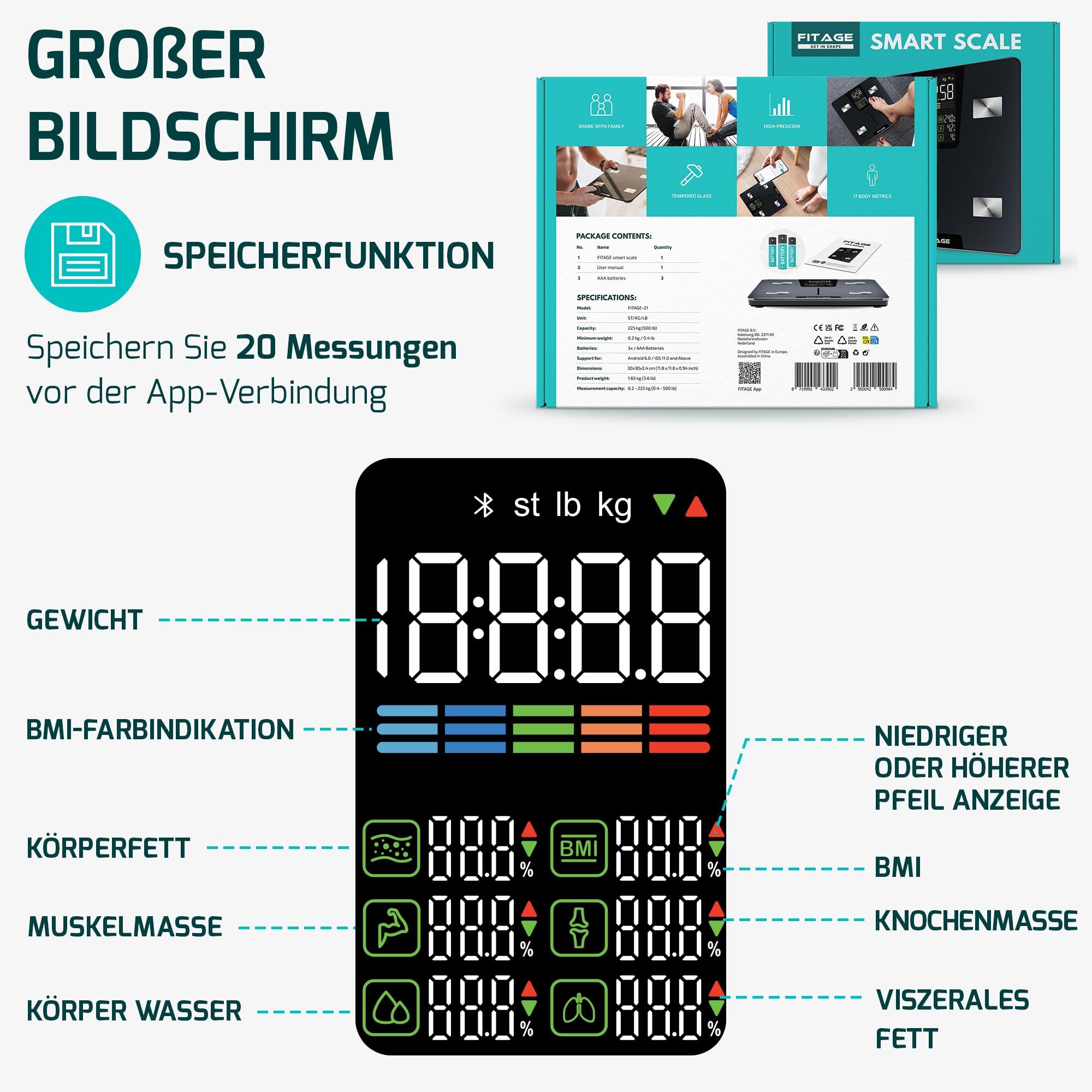 Personenwaage digital Testsieger 2025, Körperwaage bis 225kg, Körperfettwaage mit 17 Körpermesswerten, Körperanalyse mit App, Waage mit Körperfett und Muskelmasse mit großem LED-Display - Schwarz 7