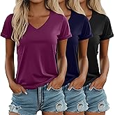 Ficerd 3 Pack Women's V Neck T Shirts, Summer Casual Short Sleeve Tops Loose Fit Rolled Sleeve Tees Trendy Shirts