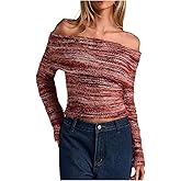 MakeMeChic Women's Striped Fuzzy Sweater Cropped Off The Shoulder Long Sleeve Y2k Pullover Tops