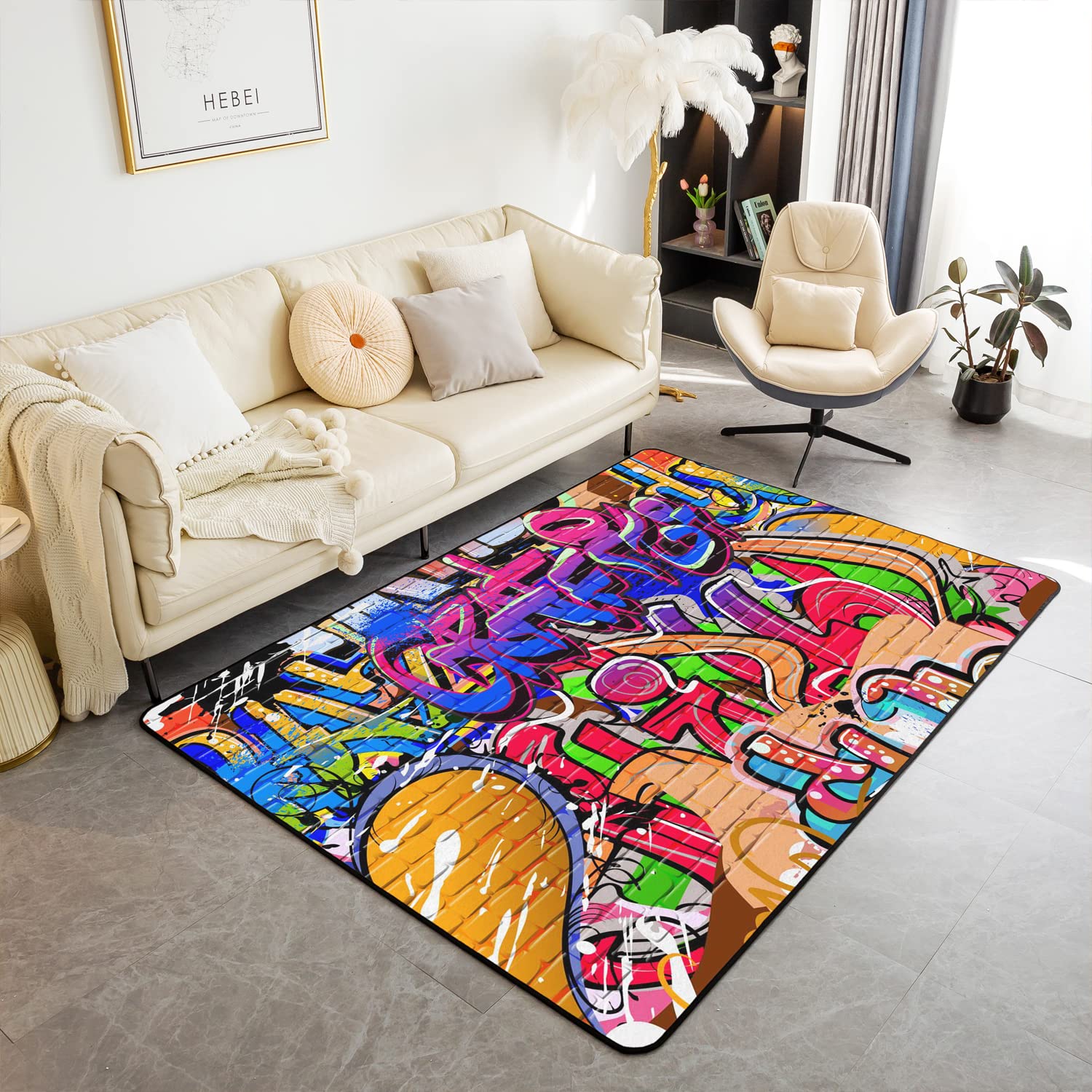 Loussiesd Graffiti Style Area Rug, Multicolor, 100x150cm, Machine Washable, Non-Slip, Home Office, Bedroom, Living Room