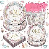 Piooluialy Onderland First Birthday Party Supplies - Onederland 1st Birthday Include Plates, Napkins, Cups, Cutlery, Girls One Year Old Tea Party Decorations | Serves 24